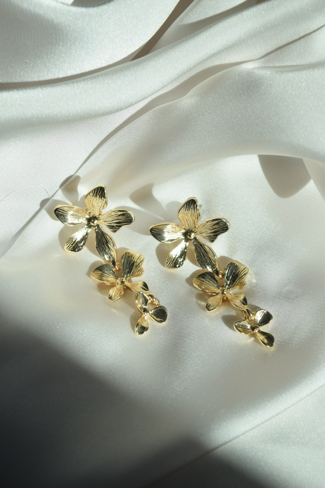 Three Flower Pendant Gold Earrings