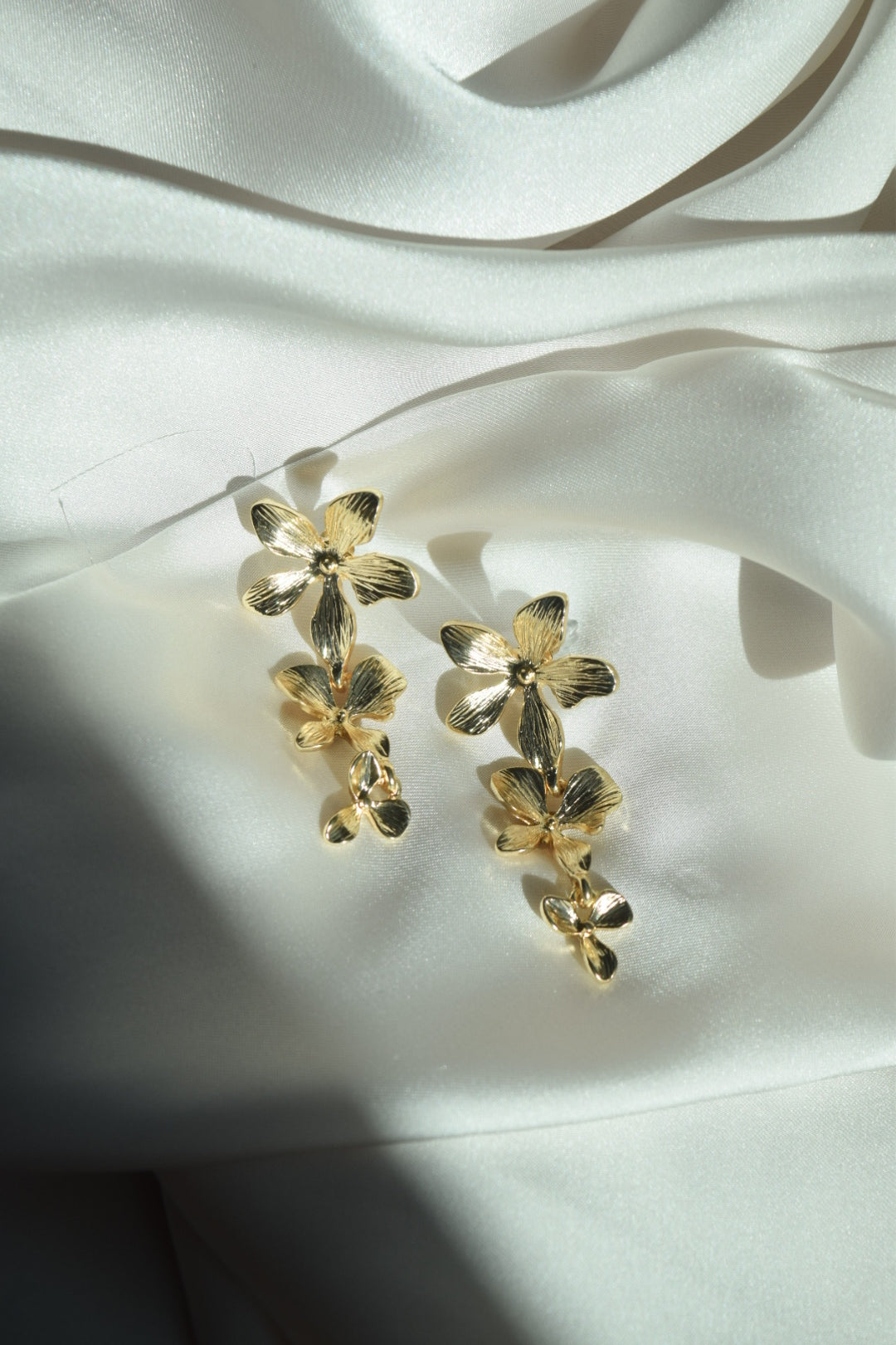 Three Flower Pendant Gold Earrings