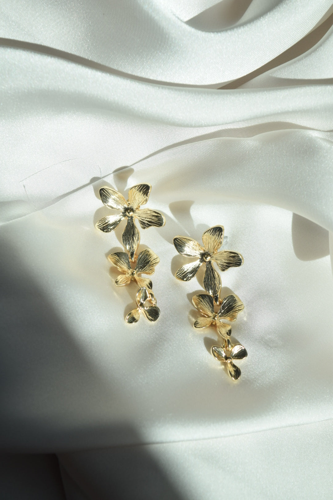 Three Flower Pendant Gold Earrings